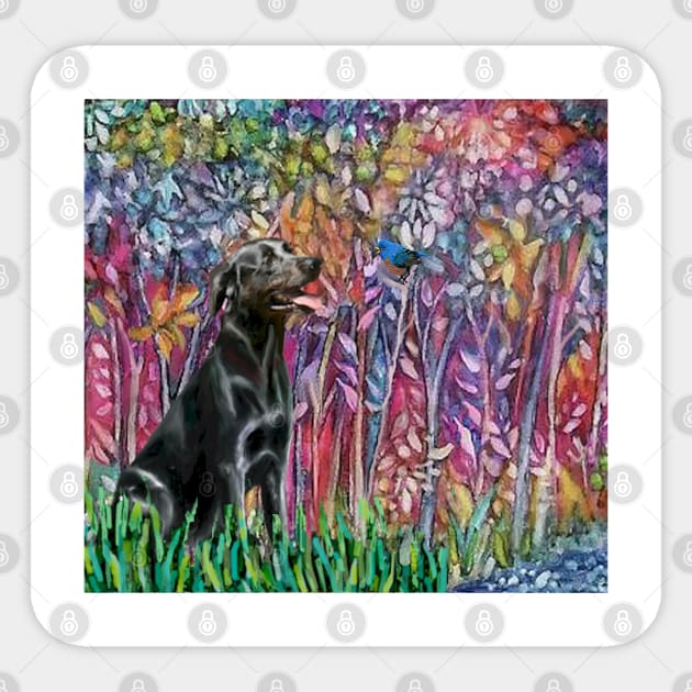 Black Labrador and Bluebird in "Forest in Bloom" Sticker by Dogs Galore and More